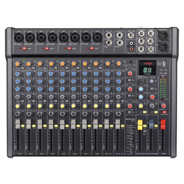 Fully featured audio mixer with 8 mono input channels, 2 stereo line inputs, stereo Aux input and a further minijack stereo input.&nbsp;<br /><br />Each mono mic/line channel has a combo XLR/jack input with +48V phantom power switchable in pairs for the XLR inputs.&nbsp;<br /><br />Each mic/line channel has a Gain control for matching the input source and a low-cut switch to filter out rumble or handling noise from microphones.&nbsp;<br /><br />Each mono channel also has High/Mid/Low EQ controls, Aux out level, FX level, Pan control and a 60mm channel fader.&nbsp;<br /><br />The onboard foot-switchable DSP effects engine has 99 presets for delay, reverb and modulation effects, each of which can be adjusted using two parameter controls.&nbsp;<br /><br />An onboard Bluetooth receiver has an illuminated pairing button and independent volume control.&nbsp;<br /><br />The USB type-A port on the top panel is for playback of audio files or can be used to record the main outputs to a USB storage device or as an external audio device when connected to a laptop.&nbsp;<br /><br />Main output is served by left &amp; right XLR, in addition to 6.3mm monitor and headphone outputs and the Aux send &amp; stereo return loop.&nbsp;<br /><br /><br />