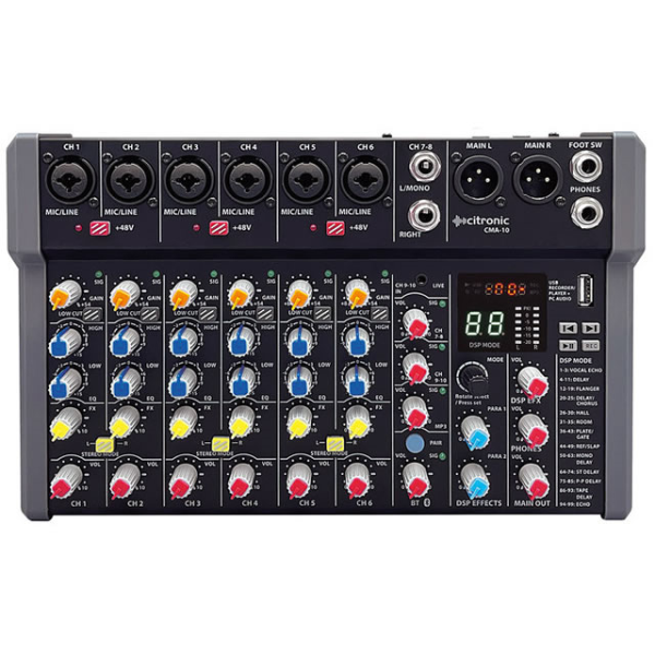 <p><span style="font-size:x-large;">CHRISTMAS DISCOUNT: 20% OFF! WAS &pound;149.</span></p><p>Compact format audio mixer with 6 mono input channels, a stereo line input and a further minijack stereo input. </p><p>Each mono mic/line channel has a combo XLR/jack input with +48V phantom power switchable in pairs for the XLR inputs. </p><p>Each mic/line channel has a Gain control for matching the input source and a low-cut switch to filter out rumble or handling noise from microphones. </p><p>Each mono channel also has High/Low EQ controls and an FX level control. </p><p>Pairs of mono channels can be linked to act as a stereo left + right pair as required. The onboard foot-switchable DSP effects engine has 99 presets for delay, reverb and modulation effects, each of which can be adjusted using two parameter controls. </p><p>An onboard Bluetooth receiver has an illuminated pairing button and independent volume control. The USB type-A port on the top panel is for playback of audio files or can be used to record the main outputs to a USB storage device or as an external audio device when connected to a laptop.</p><p>Output is delivered to a pair of balanced XLR connectors to provide low noise operation for high quality studio or live performances.<br /><br />&nbsp; &nbsp;</p>