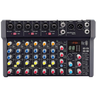 <p><span style="font-size:x-large;">CHRISTMAS DISCOUNT: 20% OFF! WAS &pound;149.</span></p><p>Compact format audio mixer with 6 mono input channels, a stereo line input and a further minijack stereo input. </p><p>Each mono mic/line channel has a combo XLR/jack input with +48V phantom power switchable in pairs for the XLR inputs. </p><p>Each mic/line channel has a Gain control for matching the input source and a low-cut switch to filter out rumble or handling noise from microphones. </p><p>Each mono channel also has High/Low EQ controls and an FX level control. </p><p>Pairs of mono channels can be linked to act as a stereo left + right pair as required. The onboard foot-switchable DSP effects engine has 99 presets for delay, reverb and modulation effects, each of which can be adjusted using two parameter controls. </p><p>An onboard Bluetooth receiver has an illuminated pairing button and independent volume control. The USB type-A port on the top panel is for playback of audio files or can be used to record the main outputs to a USB storage device or as an external audio device when connected to a laptop.</p><p>Output is delivered to a pair of balanced XLR connectors to provide low noise operation for high quality studio or live performances.<br /><br />&nbsp; &nbsp;</p>